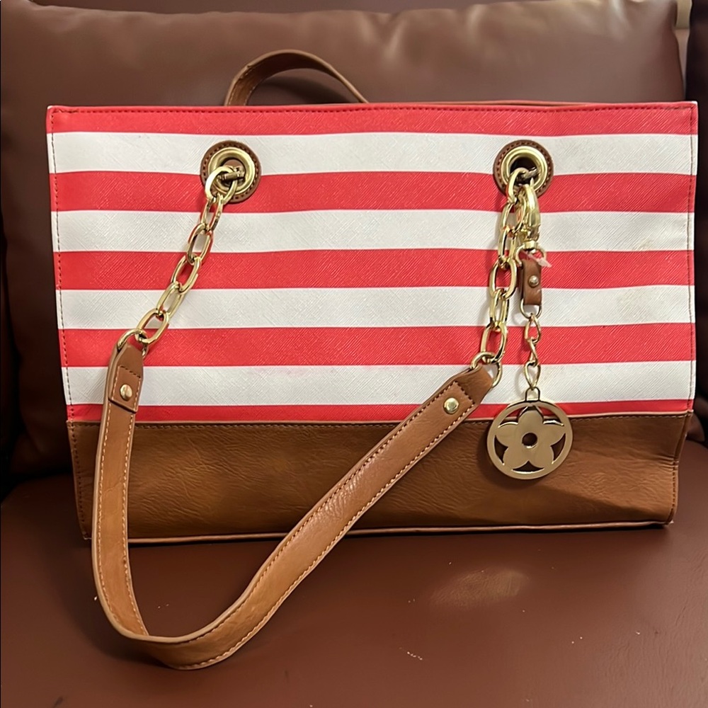 Bueno Striped Red and Brown Tote Bag